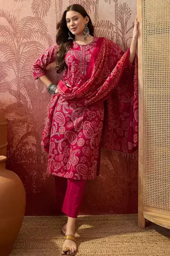 Pink cotton floral print kurta & trousers with dupatta set for women
