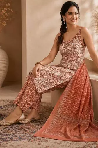 Brown & white pure cotton kurta, pant & dupatta set for women