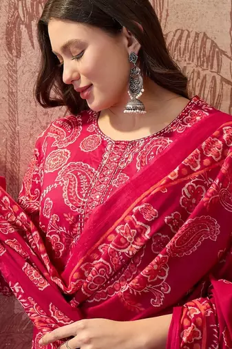 Pink cotton floral print kurta & trousers with dupatta set for women