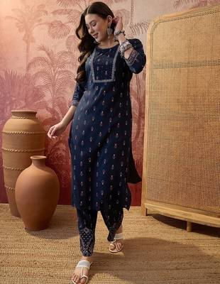Rayon blue printed straight kurta with pant set for women 1