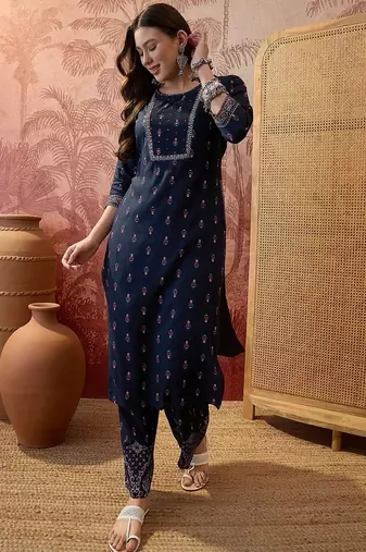 Rayon blue printed straight kurta with pant set for women