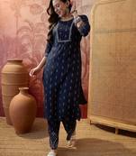 Rayon blue printed straight kurta with pant set for women