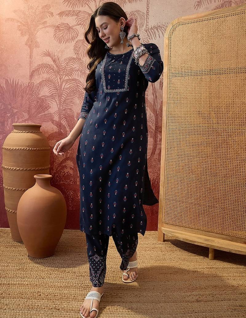 Rayon blue printed straight kurta with pant set for women