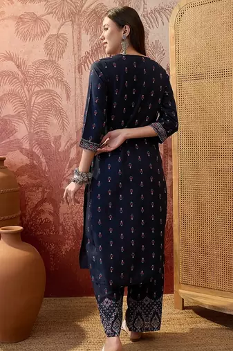 Rayon blue printed straight kurta with pant set for women