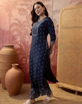 Rayon blue printed straight kurta with pant set for women 3
