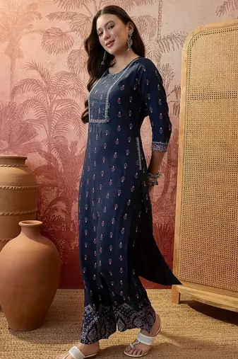 Rayon blue printed straight kurta with pant set for women