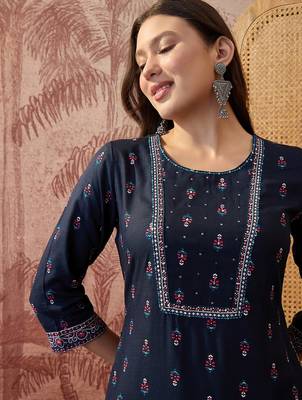 Rayon blue printed straight kurta with pant set for women 4