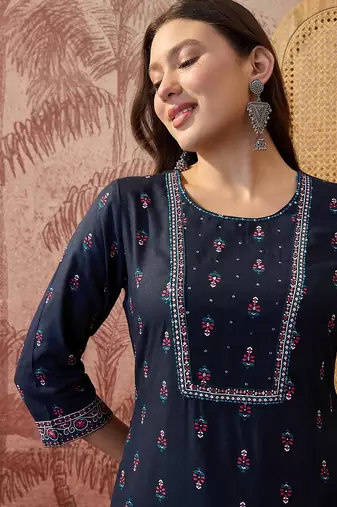 Rayon blue printed straight kurta with pant set for women