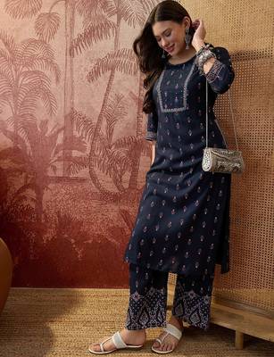 Rayon blue printed straight kurta with pant set for women 5