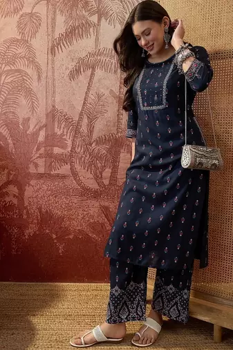Rayon blue printed straight kurta with pant set for women