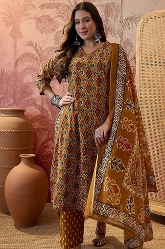 Cotton printed mustard yellow straight kurta & pant with dupatta set for women