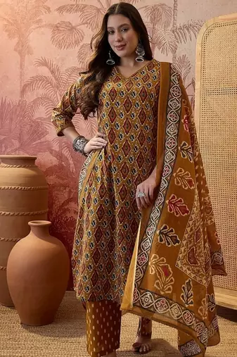 Cotton printed mustard yellow straight kurta & pant with dupatta set for women