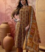 Cotton printed mustard yellow straight kurta & pant with dupatta set for women
