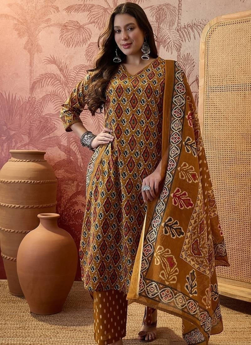 Cotton printed mustard yellow straight kurta & pant with dupatta set for women