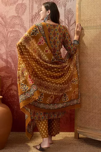 Cotton printed mustard yellow straight kurta & pant with dupatta set for women