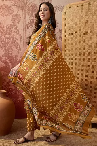 Cotton printed mustard yellow straight kurta & pant with dupatta set for women