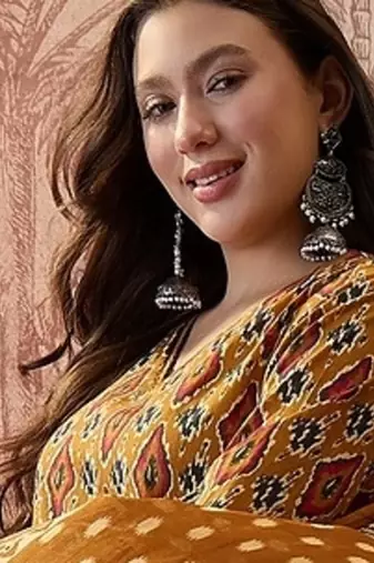 Cotton printed mustard yellow straight kurta & pant with dupatta set for women