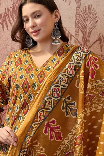 Cotton printed mustard yellow straight kurta & pant with dupatta set for women
