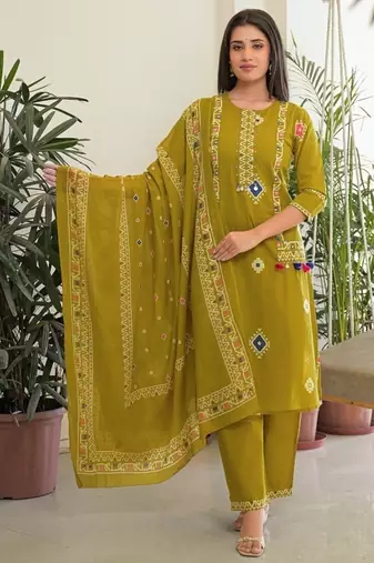 Mustard yellow pure cotton kurta, pant & dupatta set for women
