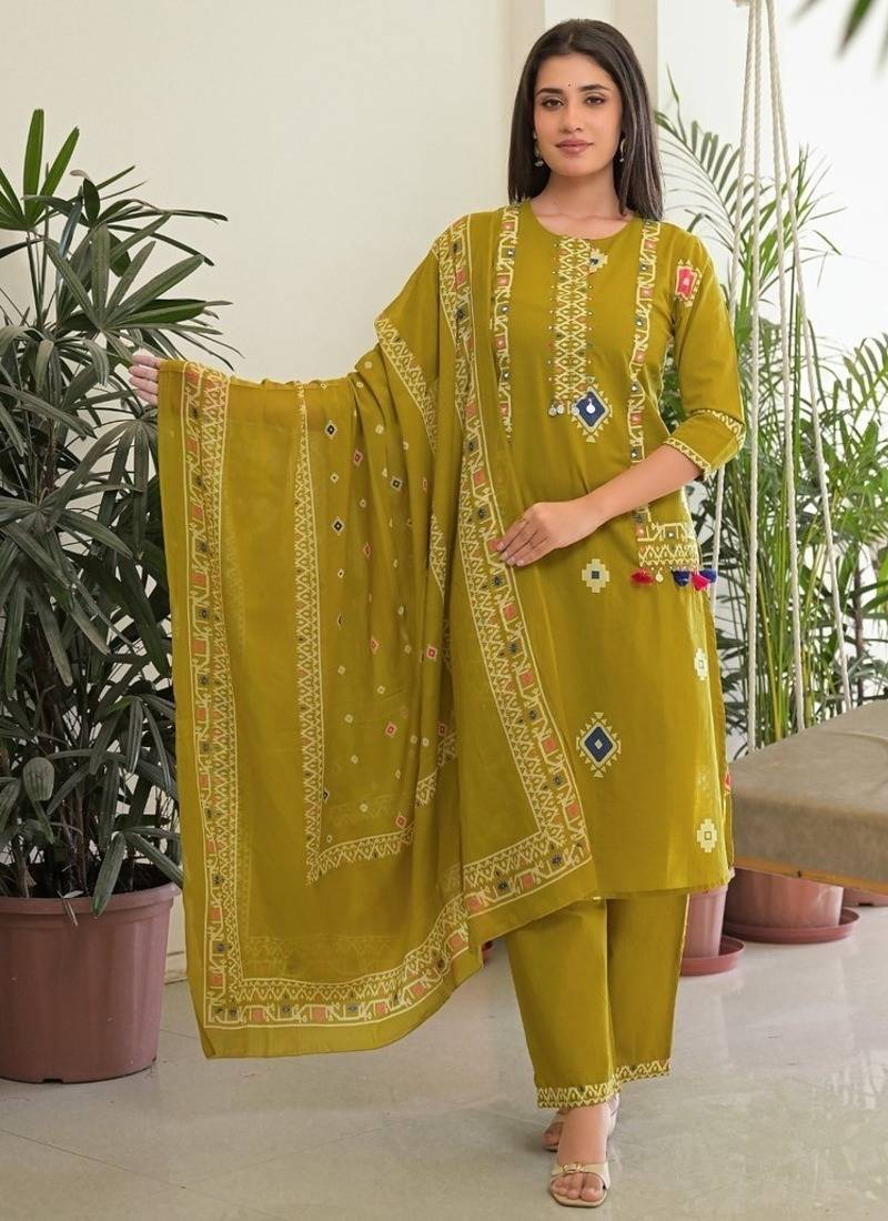 Mustard yellow pure cotton kurta, pant & dupatta set for women