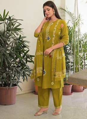 Mustard yellow pure cotton kurta, pant & dupatta set for women 3