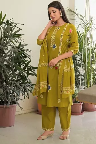 Mustard yellow pure cotton kurta, pant & dupatta set for women
