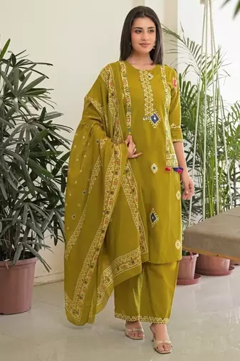 Mustard yellow pure cotton kurta, pant & dupatta set for women