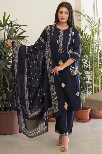 Navy blue pure cotton kurta, pant & dupatta set for women