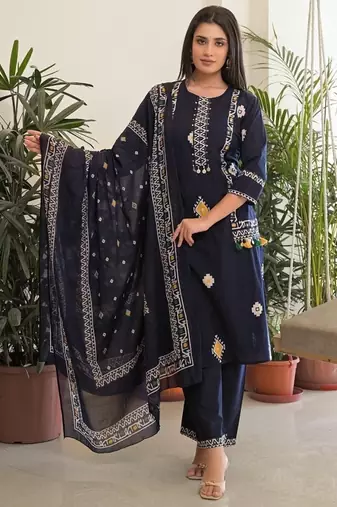 Navy blue pure cotton kurta, pant & dupatta set for women
