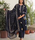 Navy blue pure cotton kurta, pant & dupatta set for women