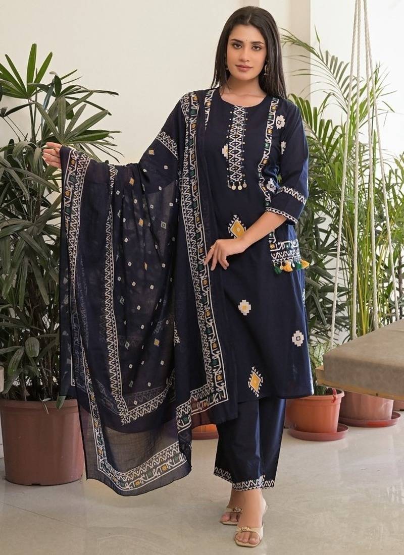 Navy blue pure cotton kurta, pant & dupatta set for women