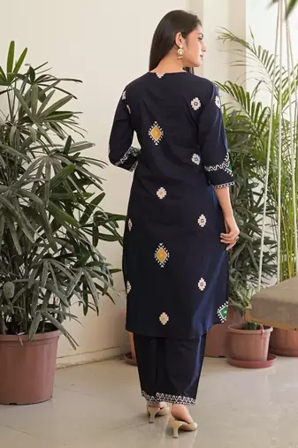 Navy blue pure cotton kurta, pant & dupatta set for women