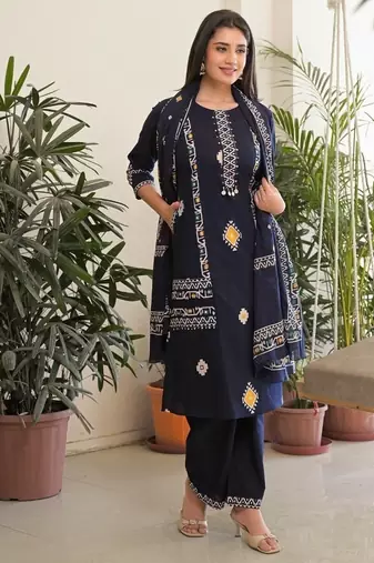 Navy blue pure cotton kurta, pant & dupatta set for women