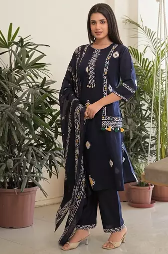 Navy blue pure cotton kurta, pant & dupatta set for women