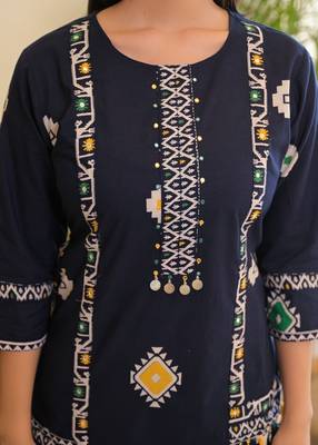 Navy blue pure cotton kurta, pant & dupatta set for women 5