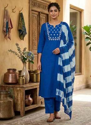 Blue straight kurta with trousers & dupatta set for women 1
