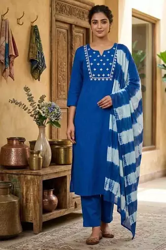 Blue straight kurta with trousers & dupatta set for women