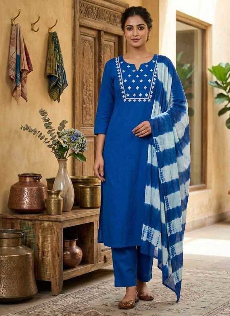 Blue straight kurta with trousers & dupatta set for women