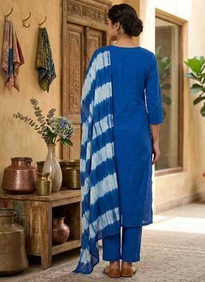 Blue straight kurta with trousers & dupatta set for women 2