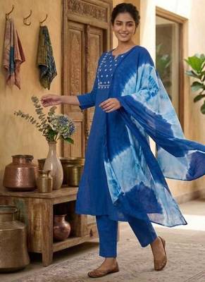 Blue straight kurta with trousers & dupatta set for women 4