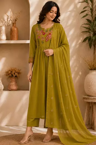 Pure cotton floral print yellow kurta & pant with dupatta set for women