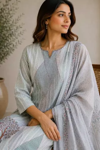Grey sequined cotton kurta with pant & dupatta set for women
