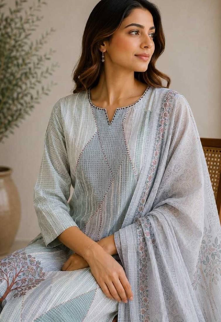 Grey sequined cotton kurta with pant & dupatta set for women