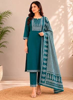 Turquoise blue cotton kurta pant & dupatta set for women 1