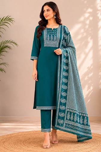 Turquoise blue cotton kurta pant & dupatta set for women