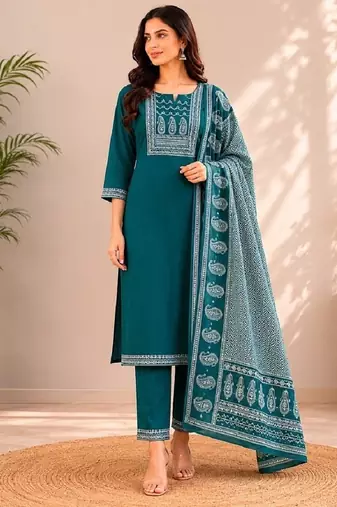 Turquoise blue cotton kurta pant & dupatta set for women
