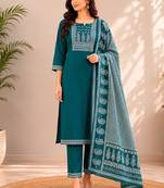 Turquoise blue cotton kurta pant & dupatta set for women