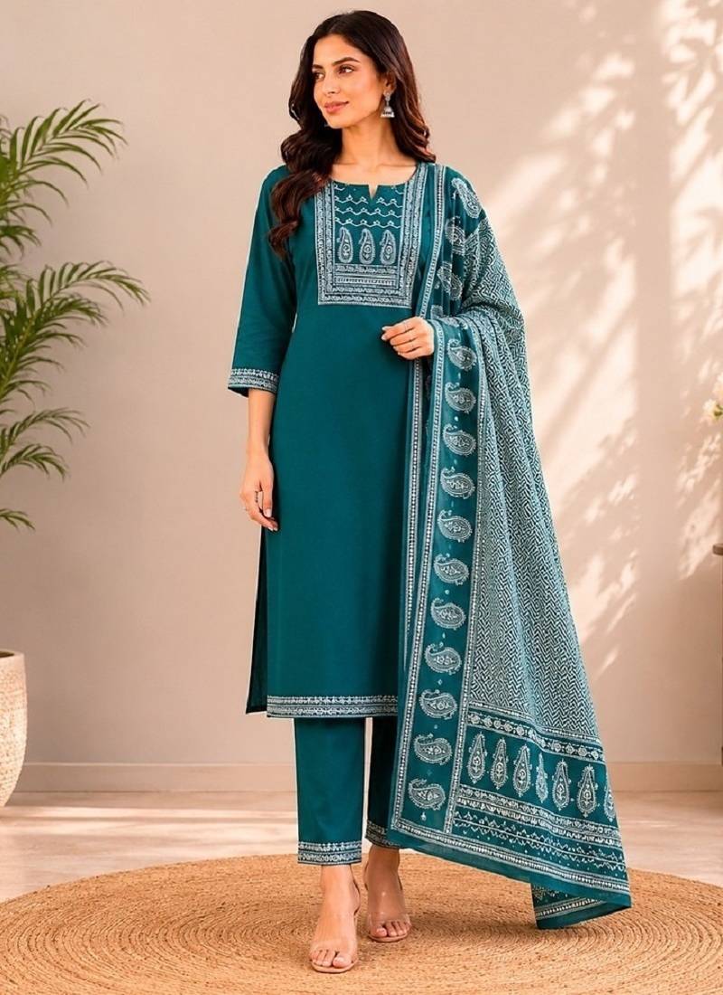 Turquoise blue cotton kurta pant & dupatta set for women