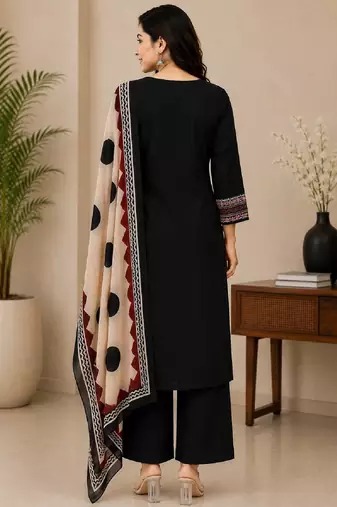 Pure cotton ethnic print black kurta & pant with dupatta set for women