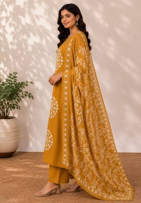 Pure cotton floral print mustard kurta & pant with dupatta set for women 4